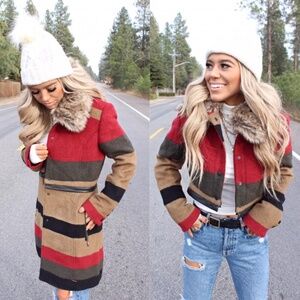 Montanaco wool 4 in 1 coat Faux fur collar multi stripe XS S L